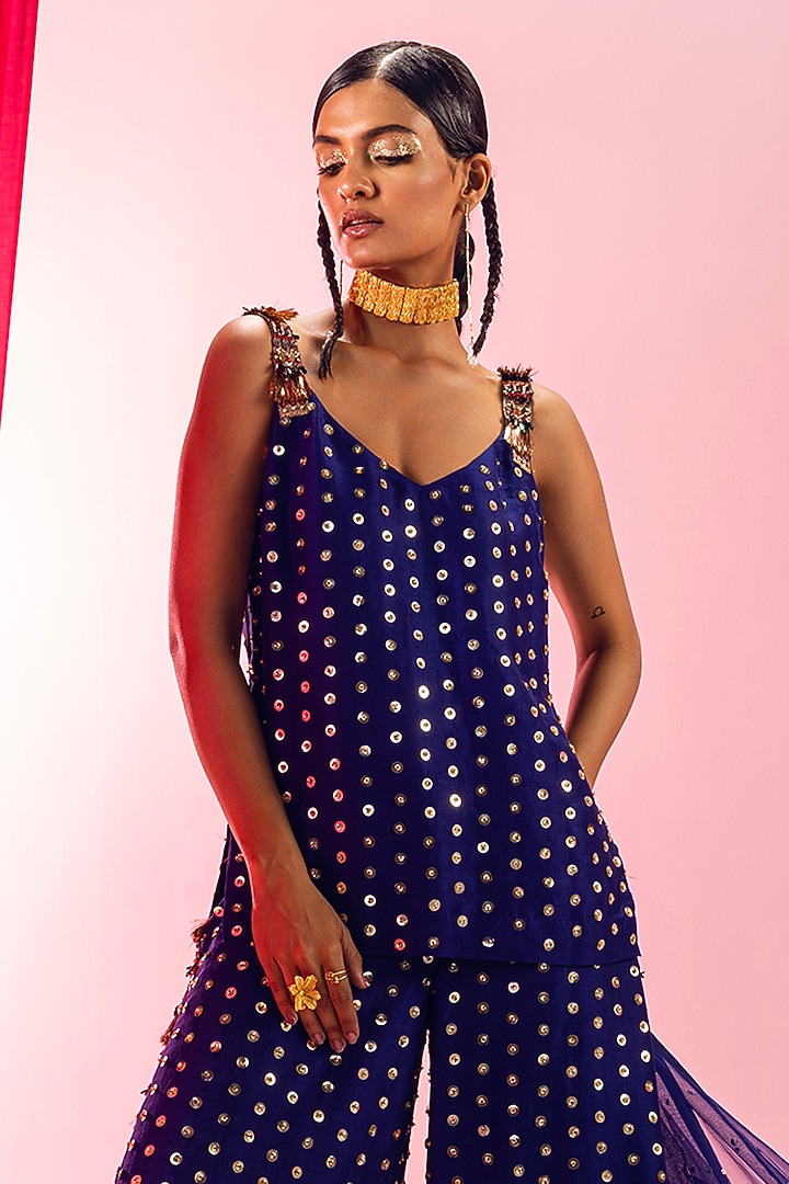 Electric Blue Dupion Silk & Art Silk Sequins Embroidered Kurta Set by Maison Blu at Pernia's Pop Up Shop