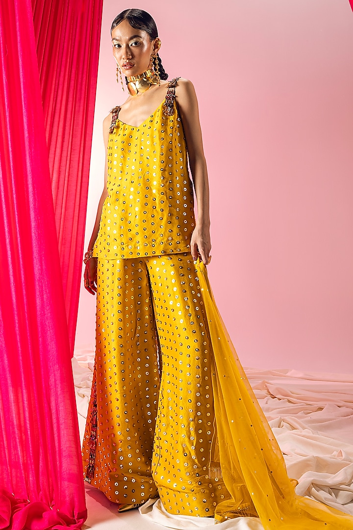 Mustard Yellow Dupion Silk & Art Silk Sequins Embroidered Kurta Set by Maison Blu