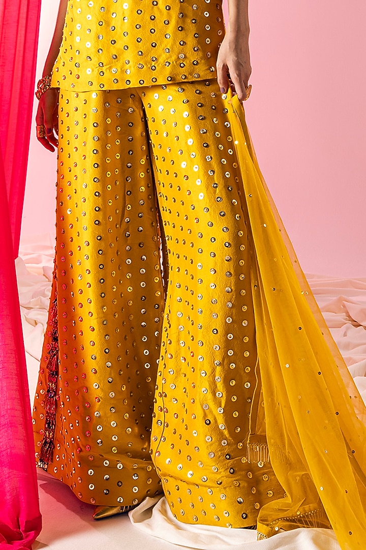 Mustard Yellow Dupion Silk & Art Silk Sequins Embroidered Kurta Set by Maison Blu at Pernia's Pop Up Shop