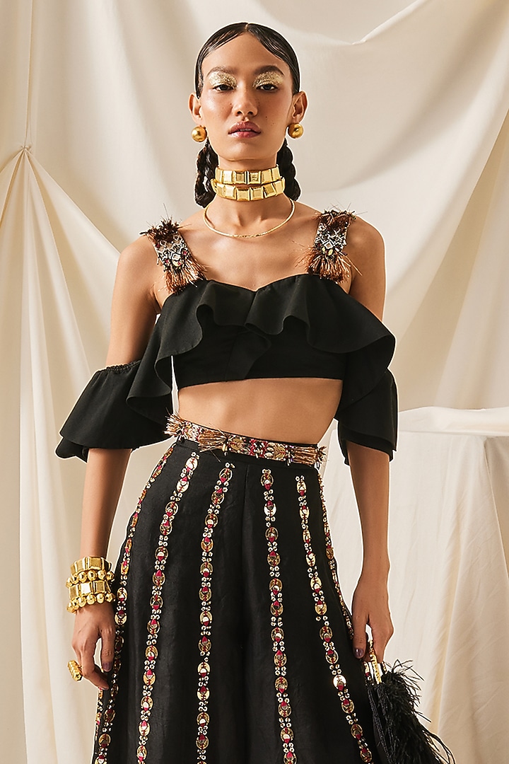 Black Organza & Art Embroidered Wedding Sharara Set by Maison Blu at Pernia's Pop Up Shop
