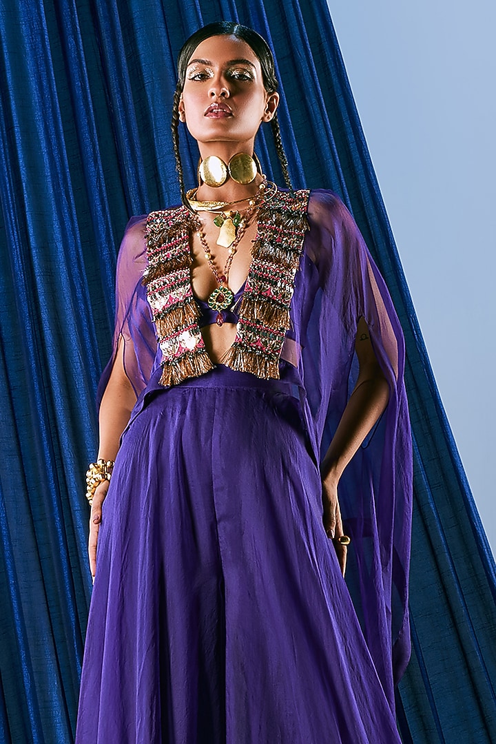 Purple Organza & Art Silk Wedding Sharara Set by Maison Blu at Pernia's Pop Up Shop