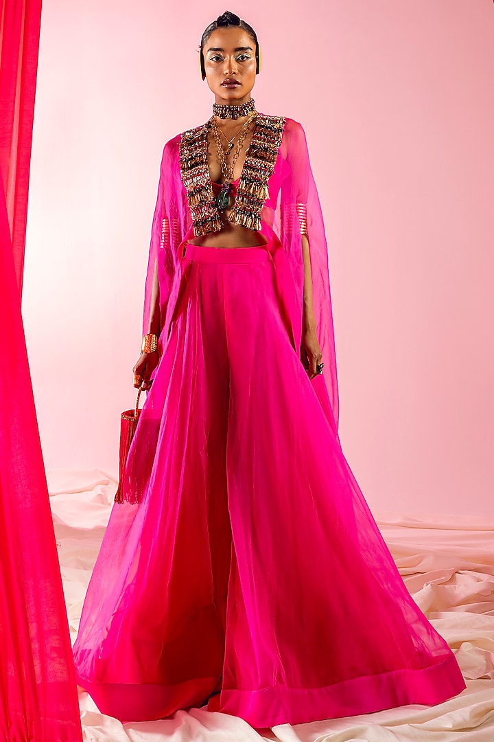 Pink Organza & Art Silk Sharara Set by Maison Blu