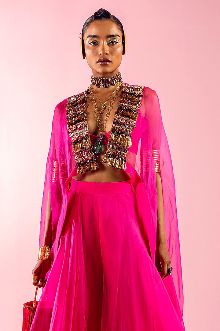Pink Organza & Art Silk Wedding Sharara Set by Maison Blu at Pernia's Pop Up Shop
