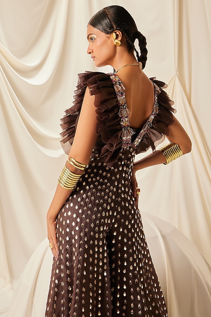 Brown Organza & Art Silk Fringe Embroidered Jumpsuit by Maison Blu at Pernia's Pop Up Shop