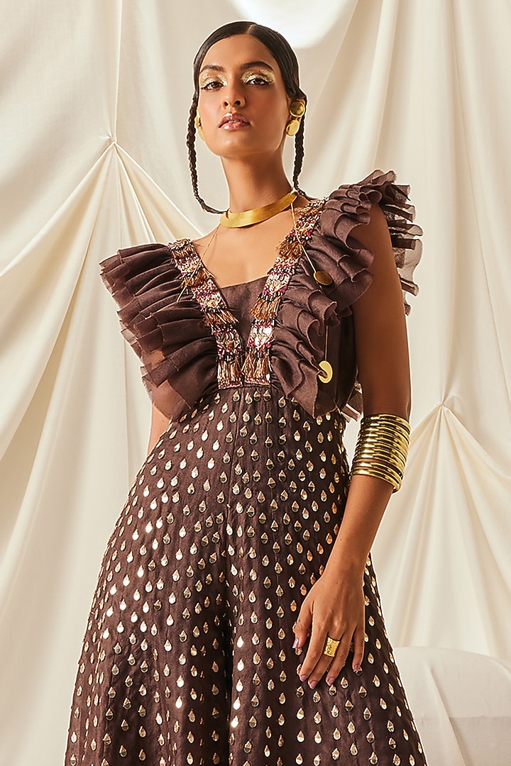 Brown Organza & Art Silk Fringe Embroidered Jumpsuit by Maison Blu at Pernia's Pop Up Shop