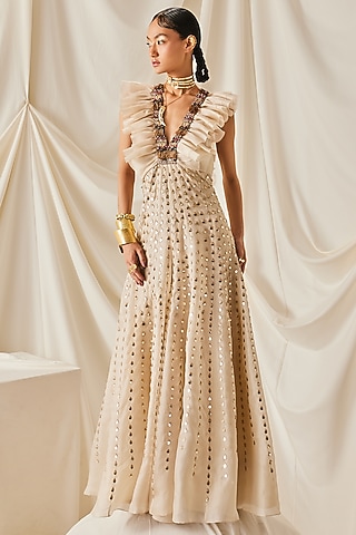 Ivory Organza & Art Silk Fringe Embroidered Jumpsuit by Maison Blu