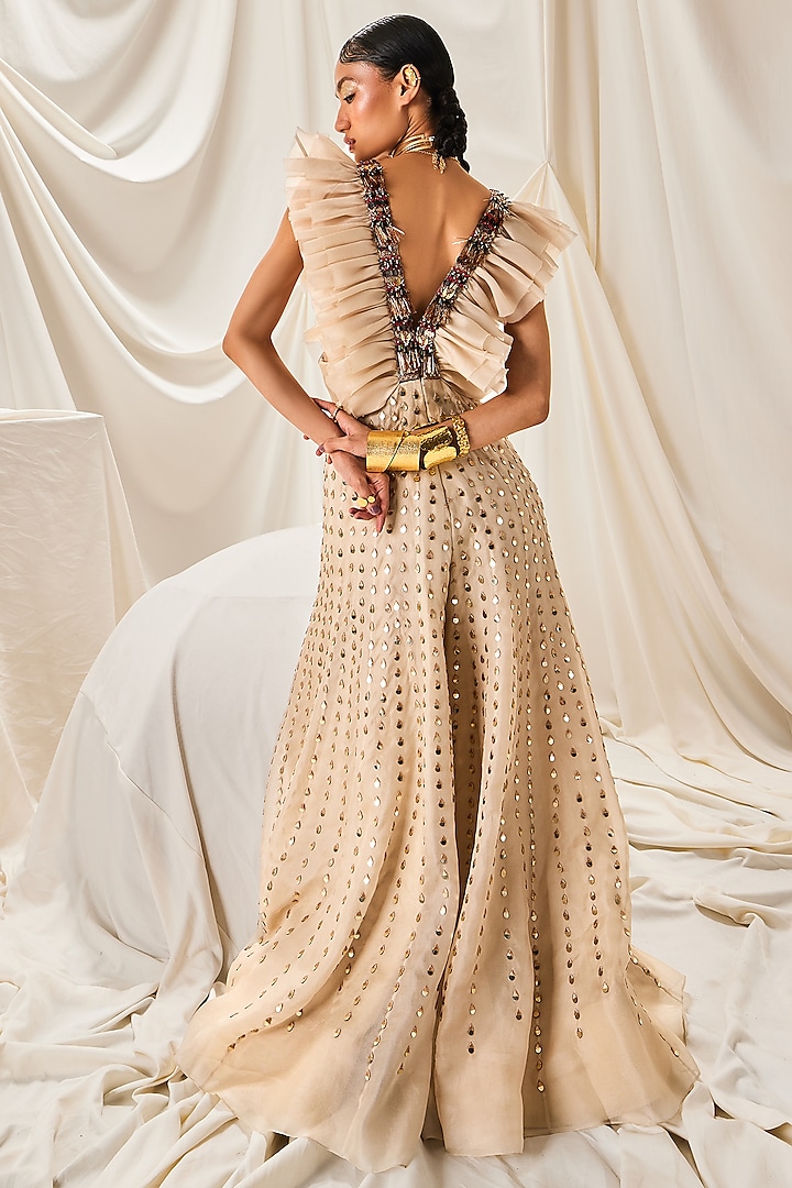 Ivory Organza & Art Silk Fringe Embroidered Jumpsuit by Maison Blu at Pernia's Pop Up Shop