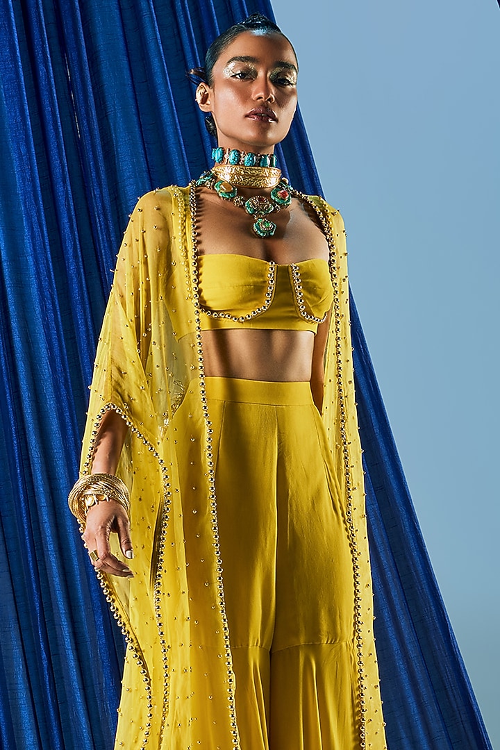 Mustard Yellow Organza & Art Silk Gharara Set by Maison Blu at Pernia's Pop Up Shop