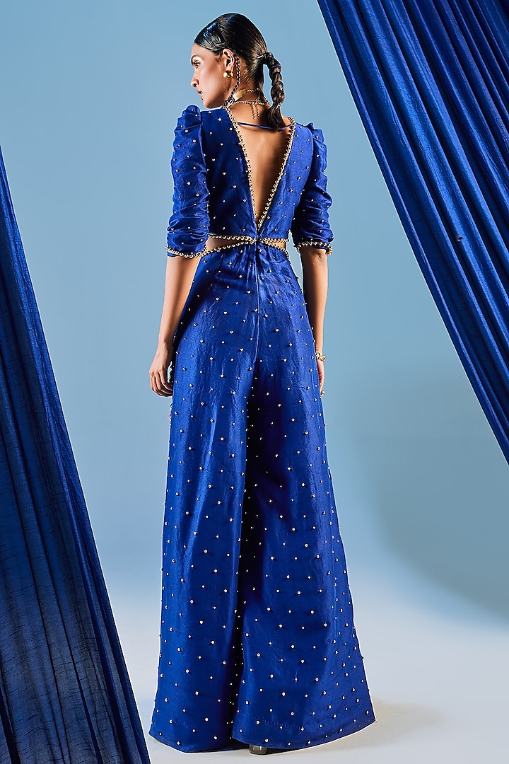 Electric Blue Dupion Silk & Art Silk Metal Ball Embroidered Jumpsuit by Maison Blu at Pernia's Pop Up Shop