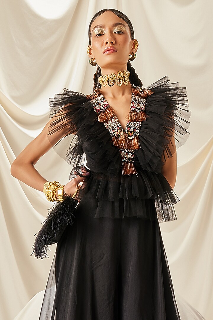 Black Net & Organza Wedding Sharara Set by Maison Blu at Pernia's Pop Up Shop