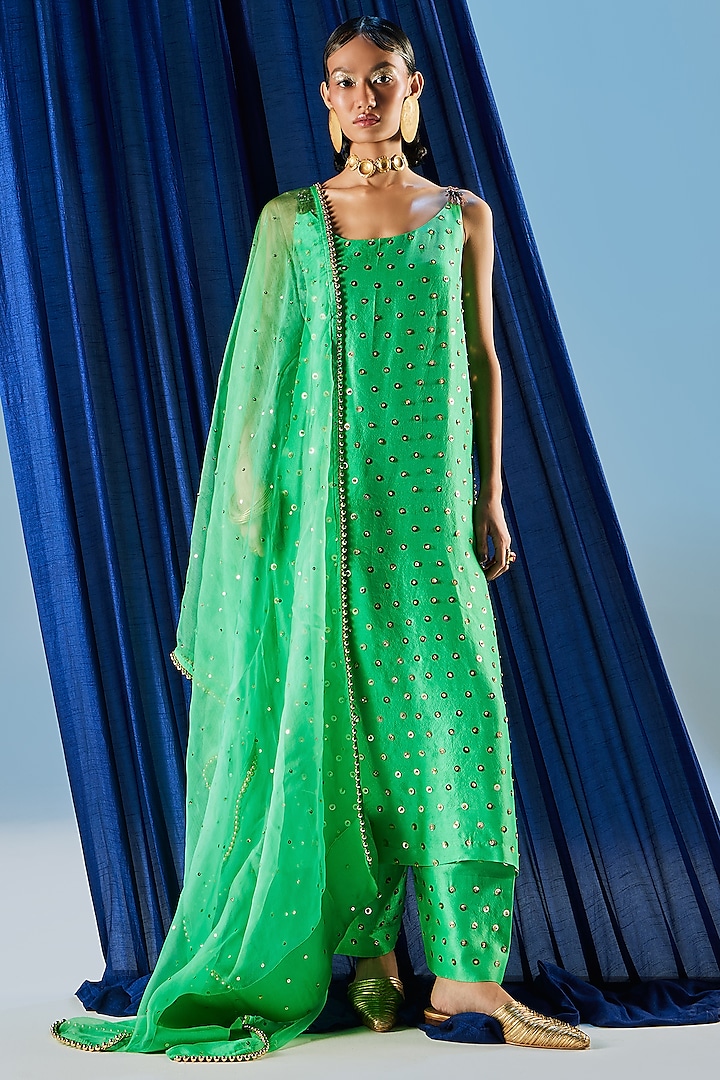 Ovi Green Dupion Silk & Art Silk Sequins Embroidered Kurta Set by Maison Blu