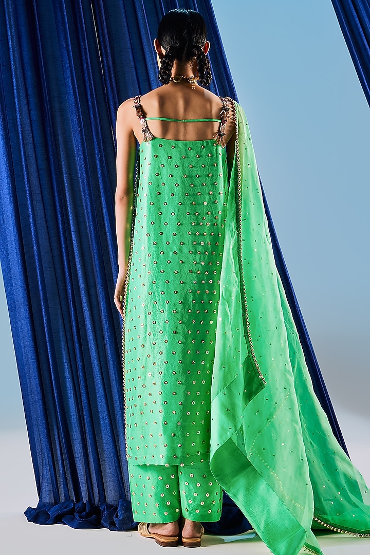 Ovi Green Dupion Silk & Art Silk Sequins Embroidered Kurta Set by Maison Blu at Pernia's Pop Up Shop