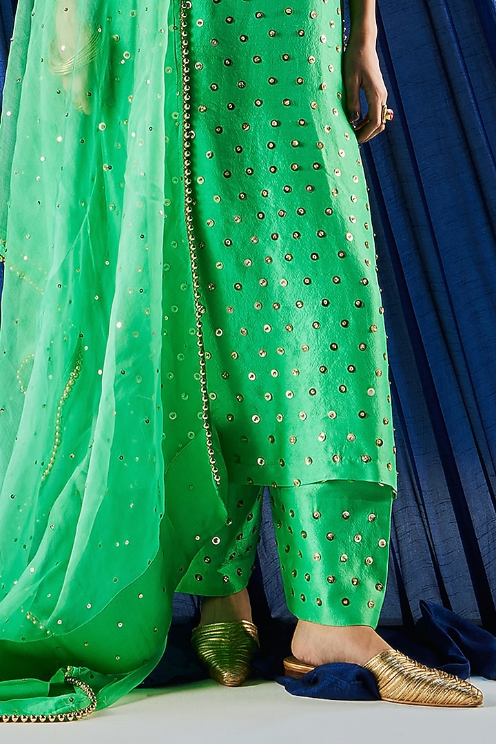 Ovi Green Dupion Silk & Art Silk Sequins Embroidered Kurta Set by Maison Blu at Pernia's Pop Up Shop