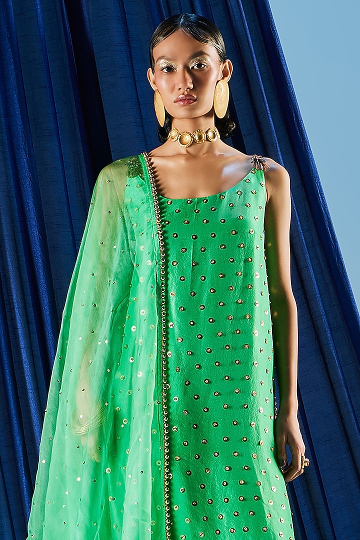 Ovi Green Dupion Silk & Art Silk Sequins Embroidered Kurta Set by Maison Blu at Pernia's Pop Up Shop