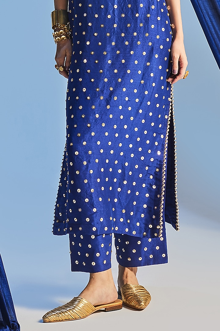 Electric Blue Dupion Silk & Art Silk Sequins Embroidered Kurta Set by Maison Blu at Pernia's Pop Up Shop