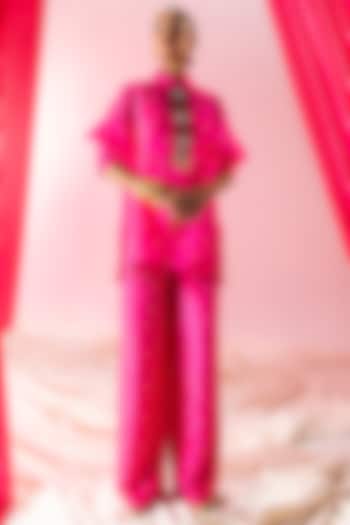 Hot Pink Sheer Silk Pearl Embroidered Kurta Set by Maison Blu at Pernia's Pop Up Shop