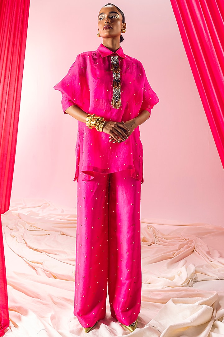 Hot Pink Sheer Silk Pearl Embroidered Kurta Set by Maison Blu at Pernia's Pop Up Shop
