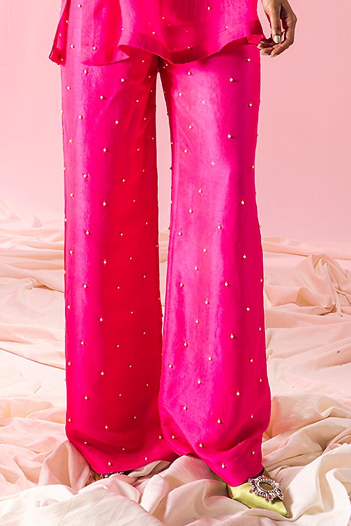 Hot Pink Sheer Silk Pearl Embroidered Kurta Set by Maison Blu at Pernia's Pop Up Shop