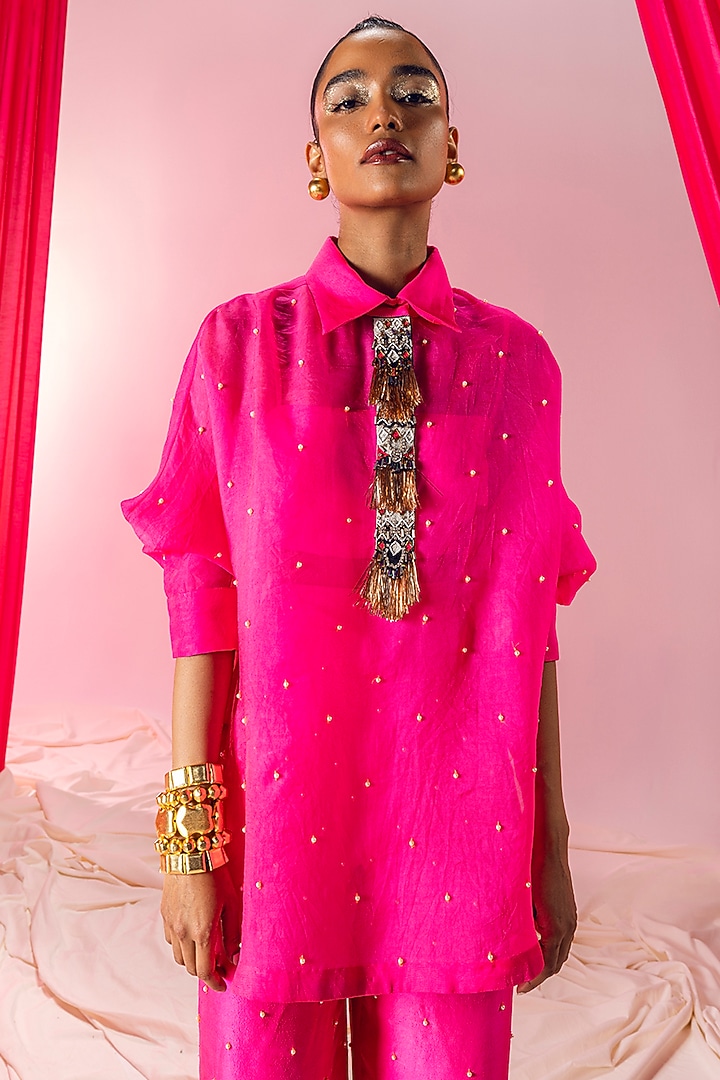 Hot Pink Sheer Silk Pearl Embroidered Kurta Set by Maison Blu at Pernia's Pop Up Shop