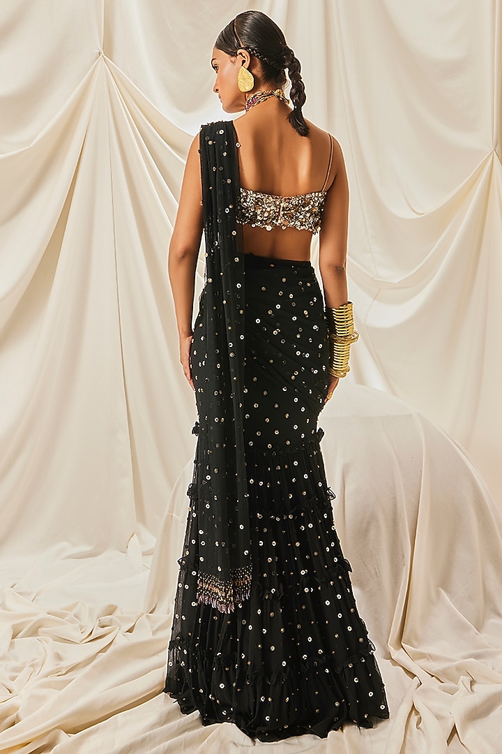 Black Georgette & Net Sequins Tiered Draped Reception Saree Set by Maison Blu at Pernia's Pop Up Shop