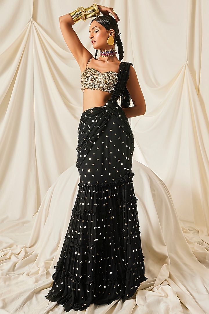 Black Georgette & Net Sequins Tiered Draped Reception Saree Set by Maison Blu at Pernia's Pop Up Shop
