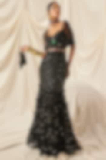 Black Georgette & Net Sequins Tiered Draped Wedding Saree Set by Maison Blu at Pernia's Pop Up Shop