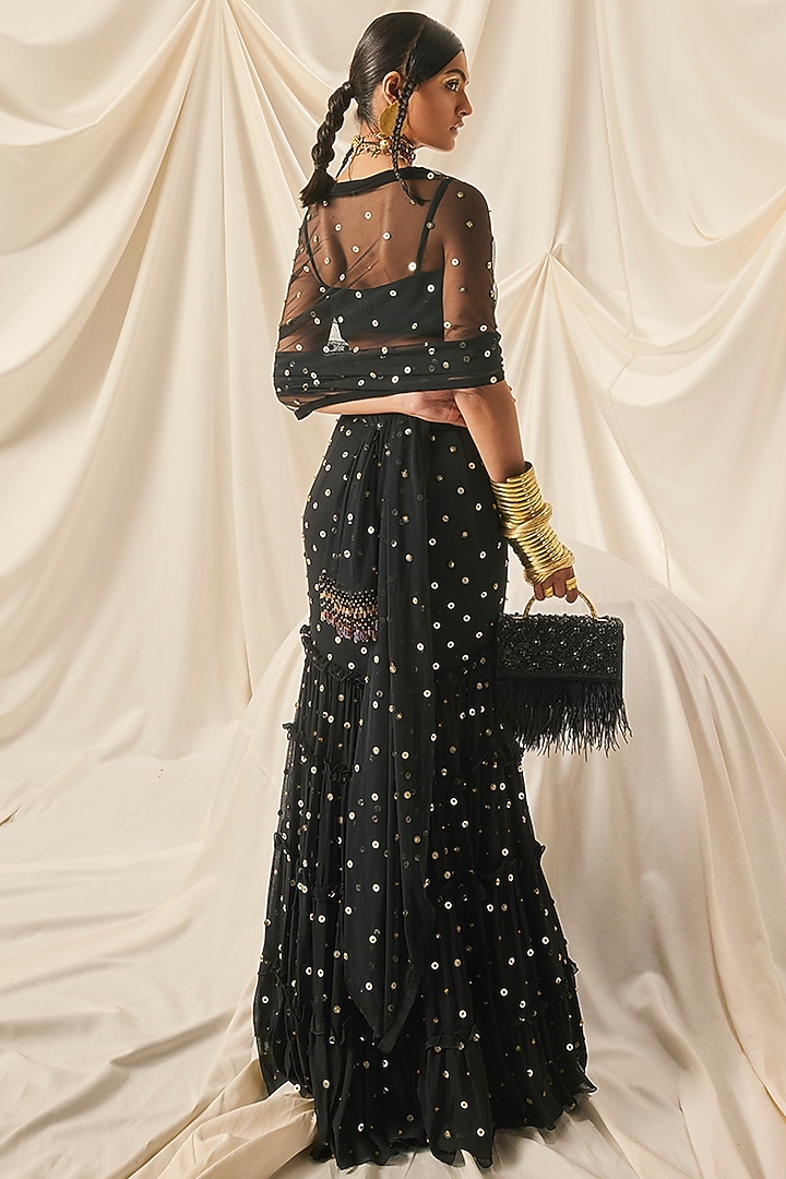 Black Georgette & Net Sequins Tiered Draped Wedding Saree Set by Maison Blu at Pernia's Pop Up Shop