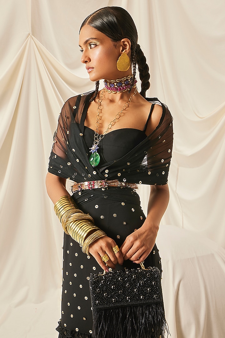 Black Georgette & Net Sequins Tiered Draped Wedding Saree Set by Maison Blu at Pernia's Pop Up Shop