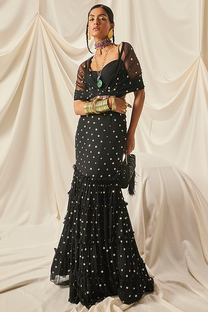 Black Georgette & Net Sequins Tiered Draped Wedding Saree Set by Maison Blu at Pernia's Pop Up Shop