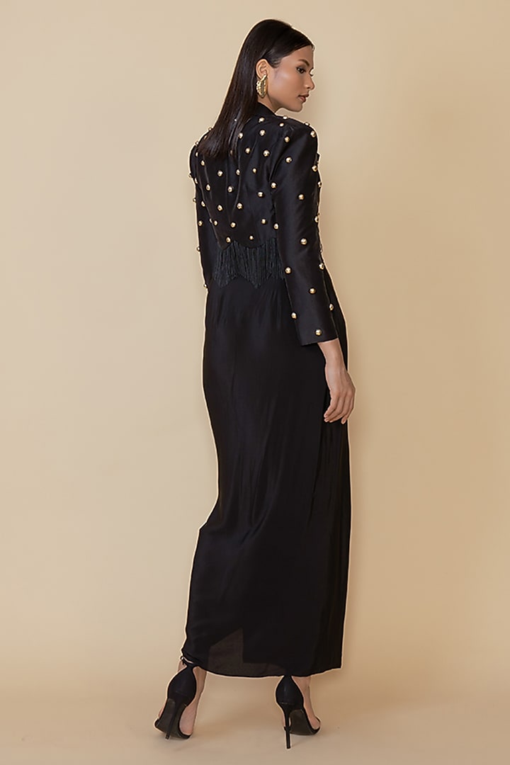 Black Silk Studded Fringe Blazer Set by Maison Blu at Pernia's Pop Up Shop
