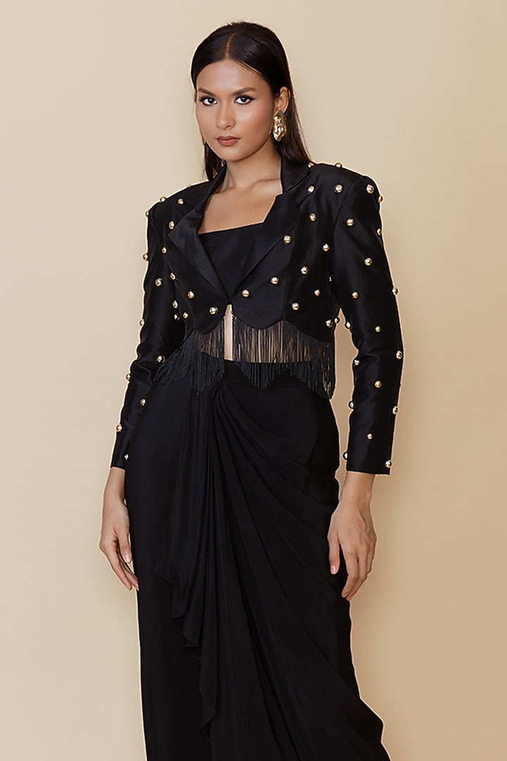 Black Silk Studded Fringe Blazer Set by Maison Blu at Pernia's Pop Up Shop