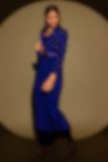 Blue Silk Studded Fringe Blazer Set by Maison Blu at Pernia's Pop Up Shop