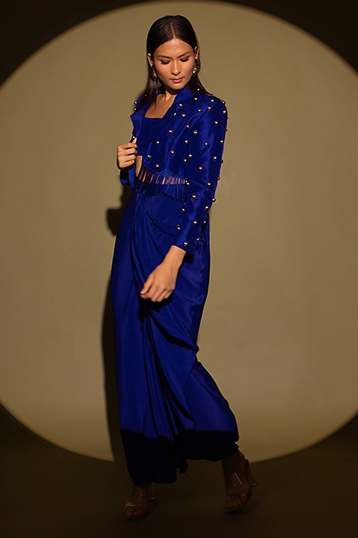 Blue Silk Studded Fringe Blazer Set by Maison Blu at Pernia's Pop Up Shop