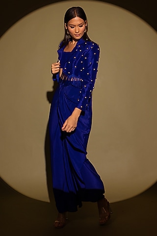 Blue Silk Studded Fringe Blazer Set by Maison Blu