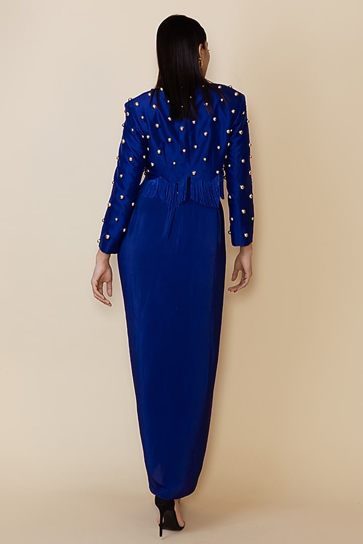 Blue Silk Studded Fringe Blazer Set by Maison Blu at Pernia's Pop Up Shop