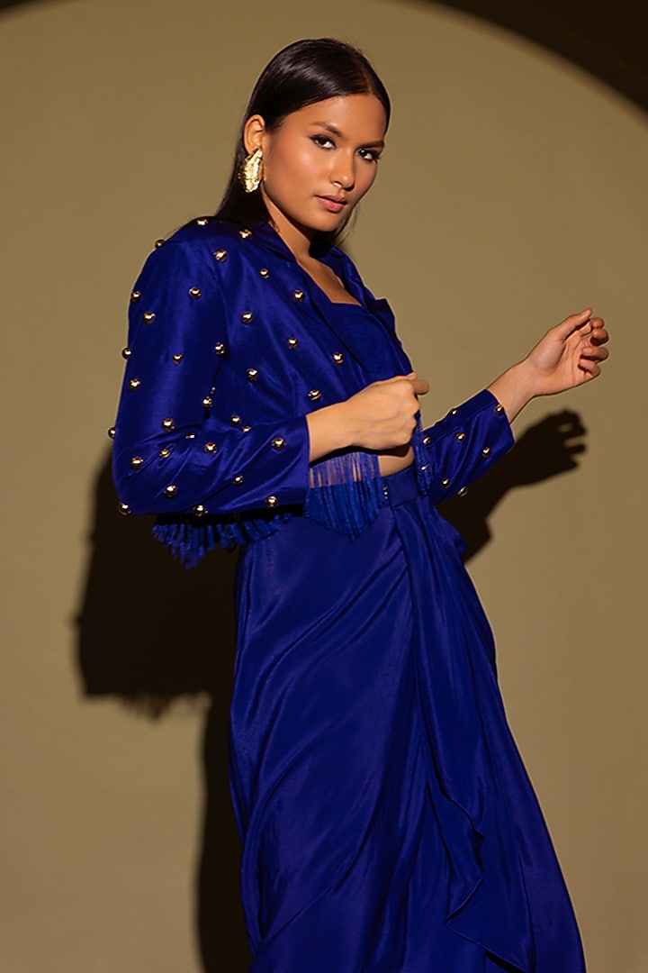 Blue Silk Studded Fringe Blazer Set by Maison Blu at Pernia's Pop Up Shop