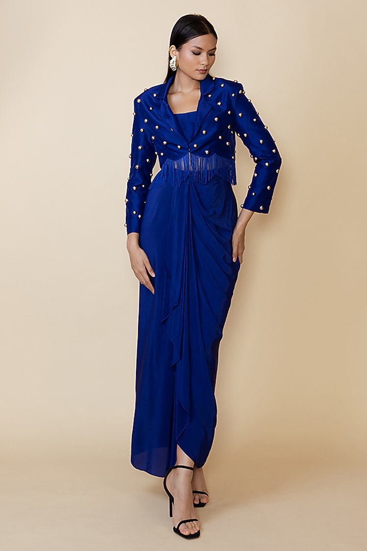 Blue Silk Studded Fringe Blazer Set by Maison Blu at Pernia's Pop Up Shop