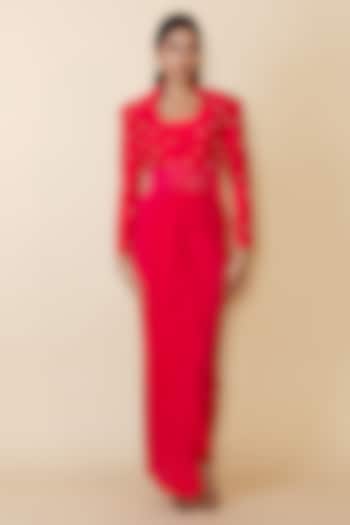 Red Silk Studded Fringe Blazer Set by Maison Blu at Pernia's Pop Up Shop