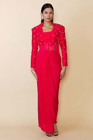 Red Silk Studded Fringe Blazer Set by Maison Blu