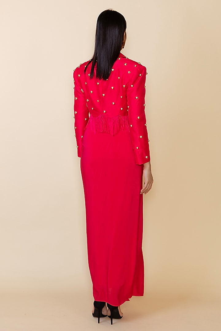 Red Silk Studded Fringe Blazer Set by Maison Blu at Pernia's Pop Up Shop