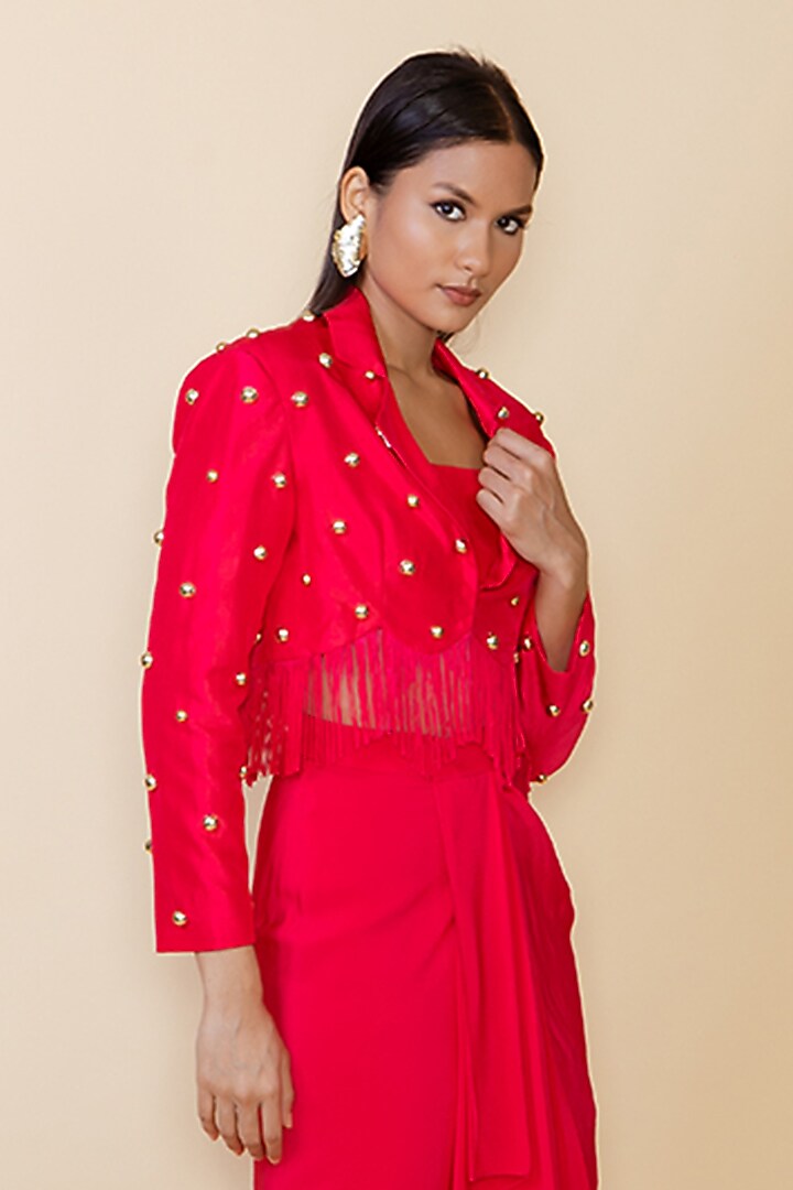 Red Silk Studded Fringe Blazer Set by Maison Blu at Pernia's Pop Up Shop