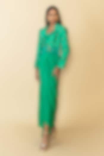 Green Silk Studded Fringe Blazer Set by Maison Blu at Pernia's Pop Up Shop