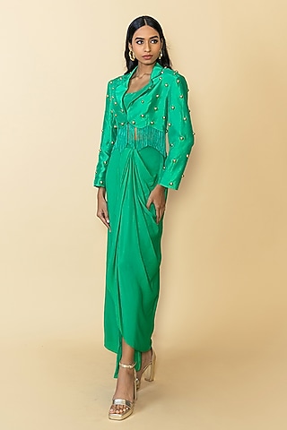 Green Silk Studded Fringe Blazer Set by Maison Blu