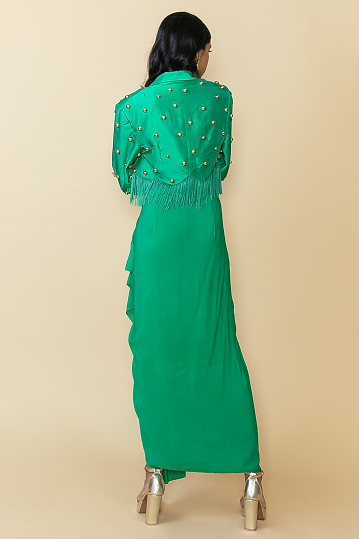 Green Silk Studded Fringe Blazer Set by Maison Blu at Pernia's Pop Up Shop