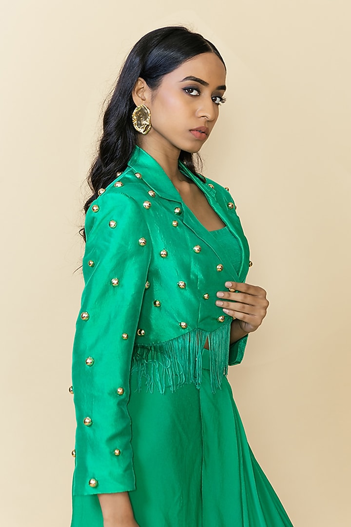 Green Silk Studded Fringe Blazer Set by Maison Blu at Pernia's Pop Up Shop