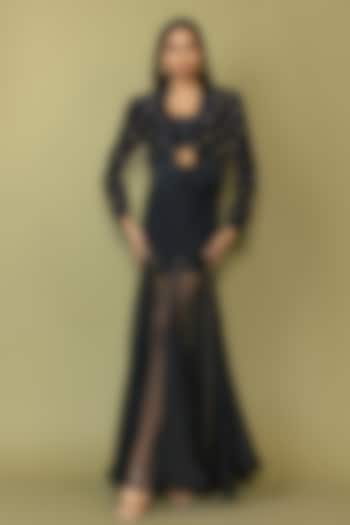 Black Silk Studded Fringe Blazer Set by Maison Blu at Pernia's Pop Up Shop