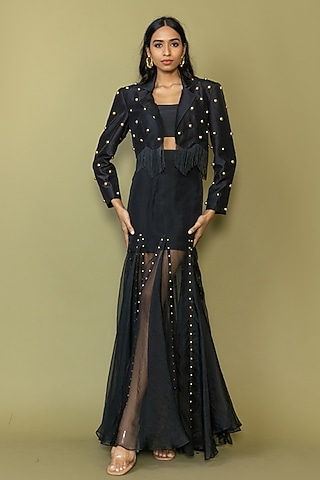 Black Silk Studded Fringe Blazer Set by Maison Blu