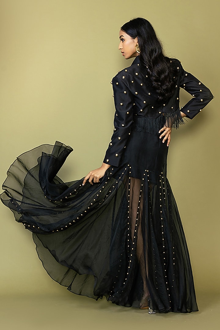 Black Silk Studded Fringe Blazer Set by Maison Blu at Pernia's Pop Up Shop