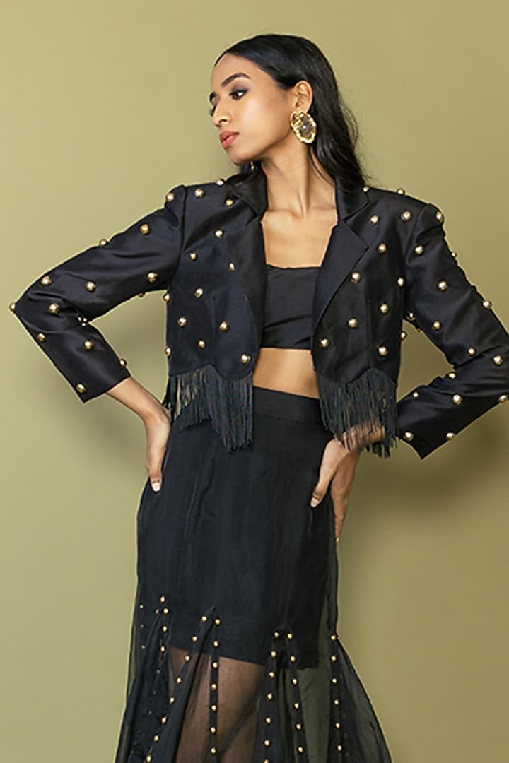 Black Silk Studded Fringe Blazer Set by Maison Blu at Pernia's Pop Up Shop