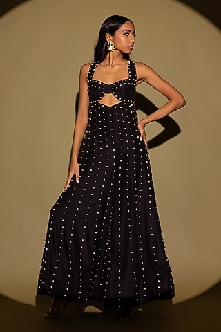 Black Silk Studded Cut-Out Jumpsuit by Maison Blu